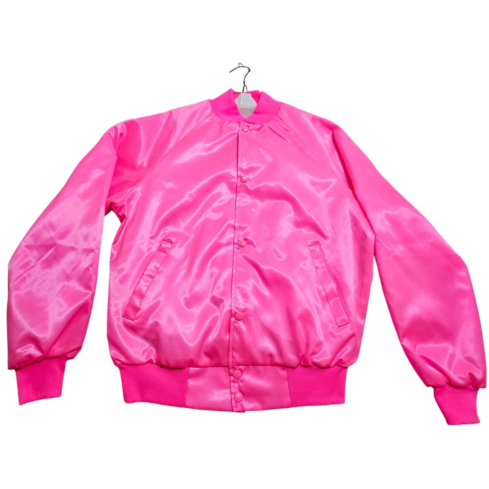 WestArk Varsity Jacket Medium Hot Pink Satin Snap Front Bomber USA Made 1010